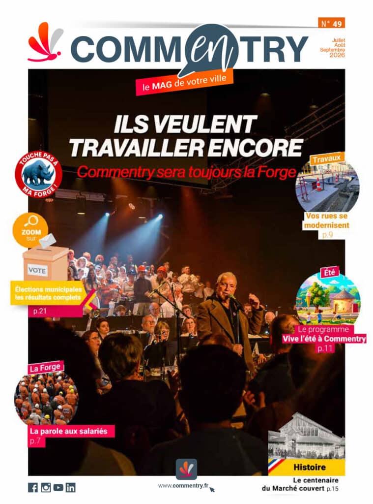 Couverture du magazine municipal de Commentry consacrée à la mobilisation des salariés d'Erasteel width=